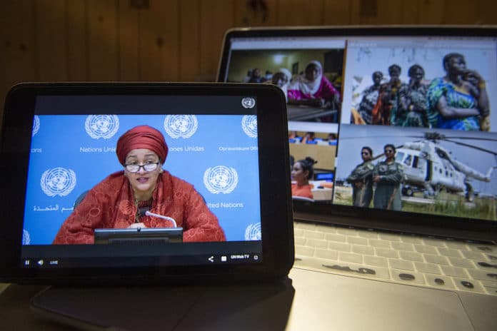 Amina Mohammed under den virtuelle lanseringen av Rise for All-initiativet. FOTO: UN Foto/Eskinder Debebe
