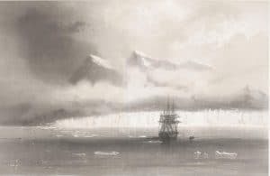 litography-svalbard-black-white-ship-old-sails-mountains-fog