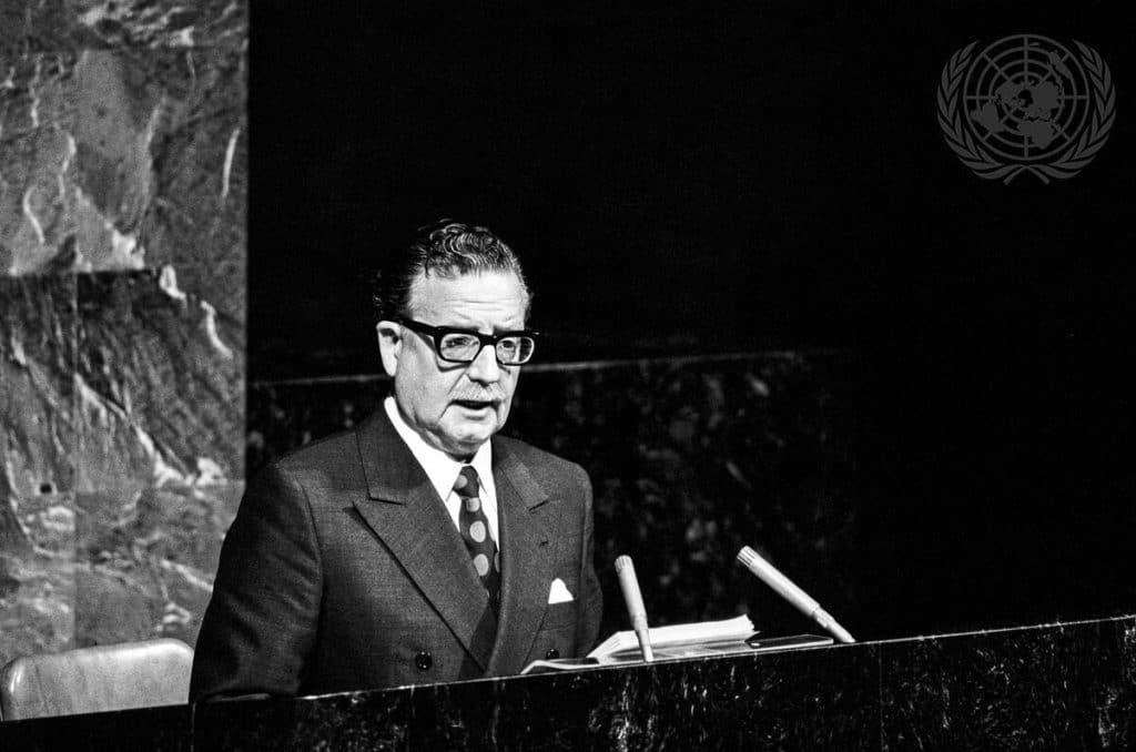 President Salvador Allende of Chile paid an official visit to United Nations Headquarters and addressed the General Assembly. He conferred with the Assembly President and the Secretary-General, met with the Heads of Latin American delegations, attended a luncheon in his honour and held a press conference.Here, President Allende is seen addressing the General Assembly.