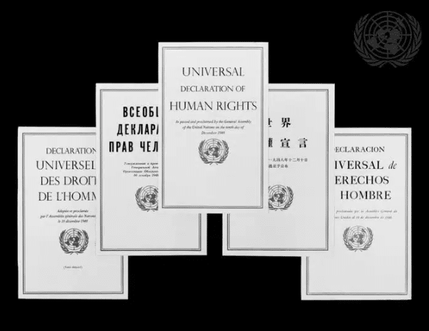 Menneskerettighedserklæringen på fransk, russisk, engelsk, spansk og kinesisk fra 1948