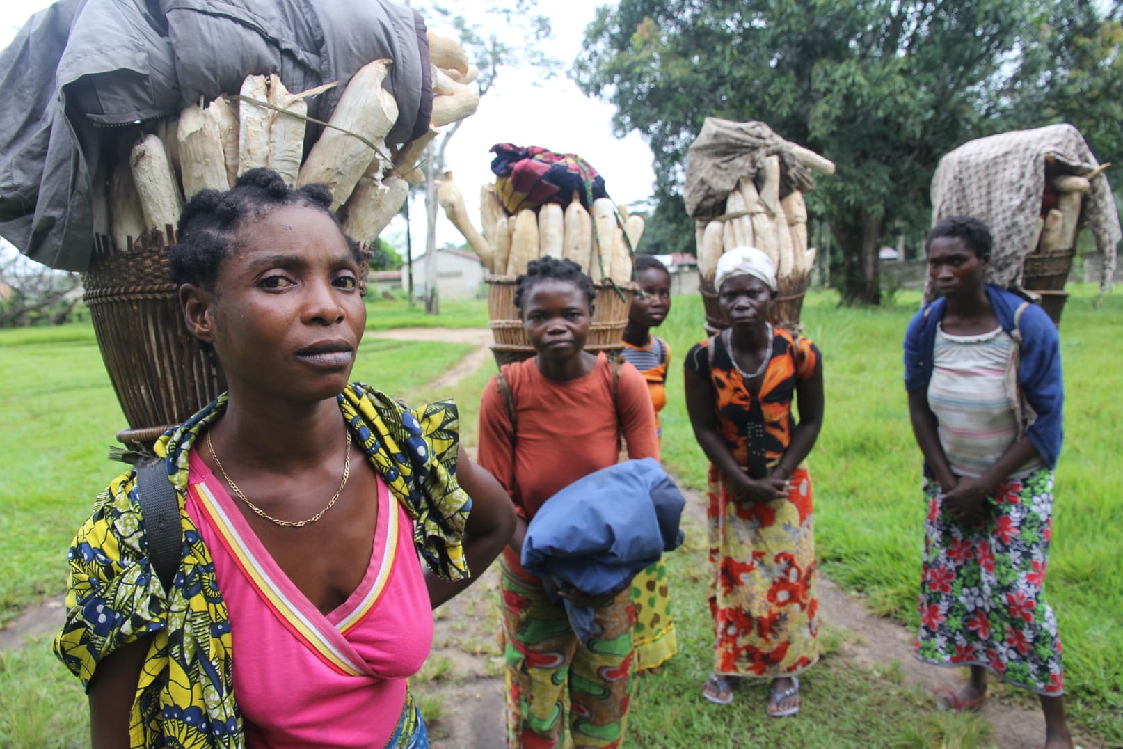 Kvinder bærer kurve fyldt med maniok for at sælge dem på det lokale marked i Popokabaka, Bandundu-provinsen. Foto: OCHA Gemma Cortes
