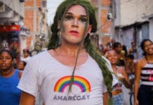 Shout out in the Favela da Maré, in Rio de Janeiro, Brazil. The t-shirt reads 'Amarégay" -- a pun using the name of the favela, meaning both 'to love is gay' and 'Maré is gay'.