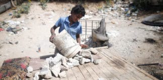 Thirteen-year-old boy in Palestine collects rubble near Gaza City, which he transports by donkey to the market to sell. (file)