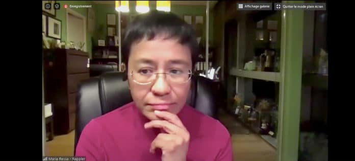 A screenshot of Maria Ressa during a UNESCO online dialogue on press freedom. (May 4, 2020)