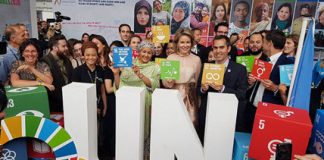 Amina J. Mohammed, Deputy Secretary-General of the United Nations, and Queen Mathilde of Belgium, at the UN's European Development Day stand