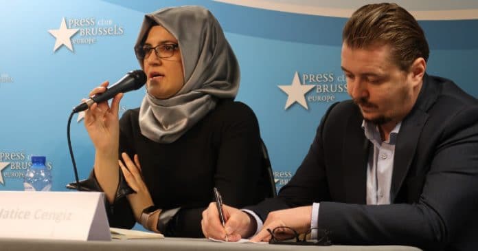 Hatice Cengiz speaking at Brussels press conference