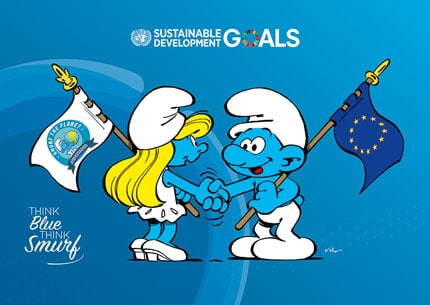 Poster of The Smurfs with SDGs, UN and EU for beach cleanup