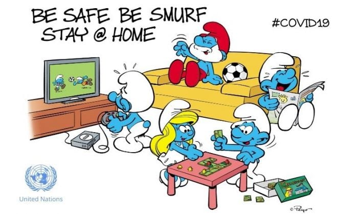 Smurfs COVID-19 message: Sta Safe, be Smurf, Stay home