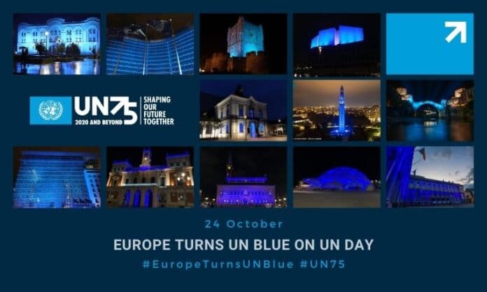 #EuropeTurnsUNBlue #UN75 photo collage of blue buildings and landmarks