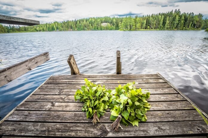 Wooden dock by Scandinavian lake