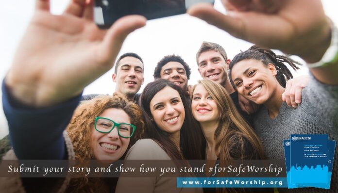 #forSafeWorship share your story banner of friend taking a group selfie