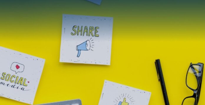 sticky notes with social media messaging on yellow wall
