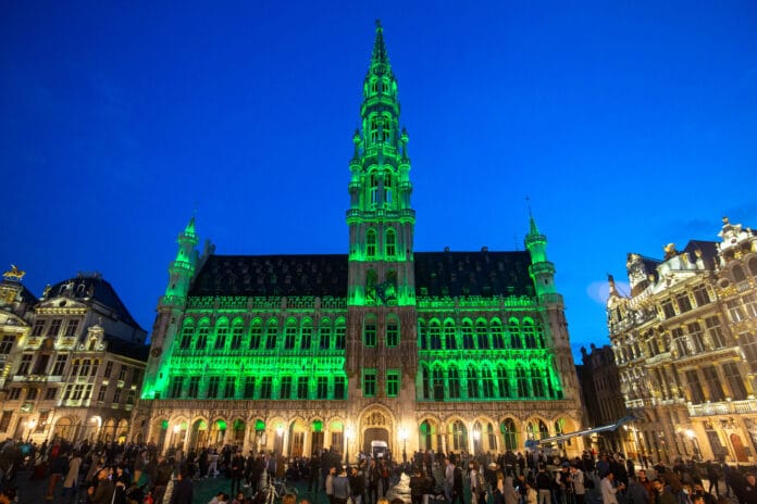City Hall Brussels, Grand Place, lit up green for World Environment Day