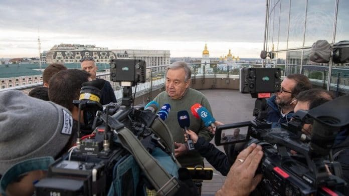 Secretary-General António Guterres (centre) is interviewed by Portuguese Media in Kyiv, Ukraine. © UN Photo/Eskinder Debebe