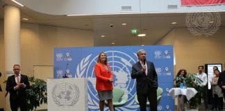 Secretary-General António Guterres (right, podium) visited UN City Copenhagen in 2019. Also present is Grete Faremo (left, podium), Under-Secretary-General and United Nations Office for Project Services Executive Director.