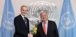 Secretary-General António Guterres (right) meets with Jonas Gahr Støre, Leader of the Norwegian Labour Party and now Prime Minister.