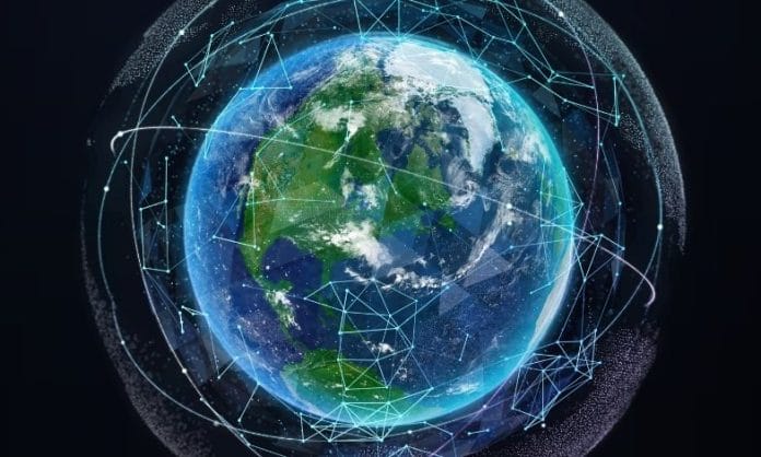 Earth surrounded by a digital web.