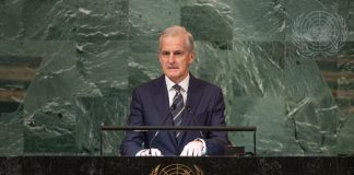 Jonas Gahr Støre, Prime Minister of Norway, addresses the general debate of the 77th Session of the General Assembly of the UN