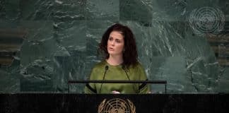 Thórdís Kolbrún Reykfjörd Gylfadóttir, Minister for Foreign Affairs of the Republic of Iceland, addresses the general debate of the 77th Session of the General Assembly of the United Nations