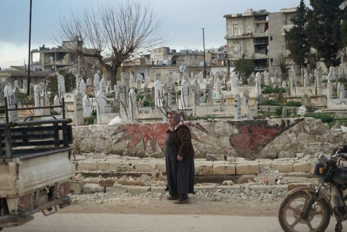Woman seen in Jandairis town, northern Aleppo countryside after the earthquake