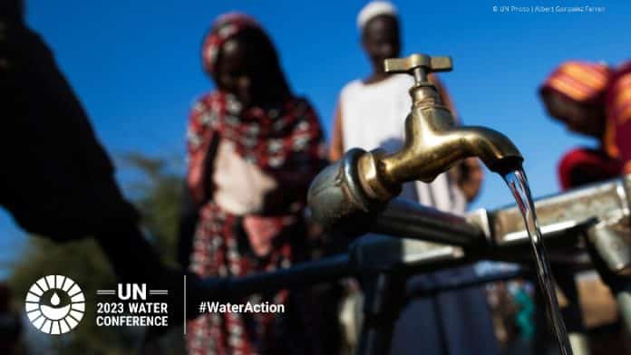 Tap of water and villagers - photo illustration for the UN Water Conference 2023