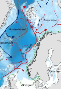 Map over the Nordic sea areas and ocean currents. Photo: Per Arne Horneland, Institute of Marine Research