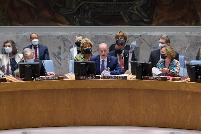 Micheál Martin, then Taoiseach of Ireland and President of the Security Council for the month of September 2021, chairs the Security Council meeting on maintenance of international peace and security on the theme Climate and Security