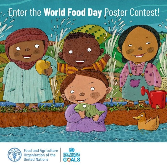 Hand drawn cartoon characters of children to promote FAO's World Food Day poster contest.