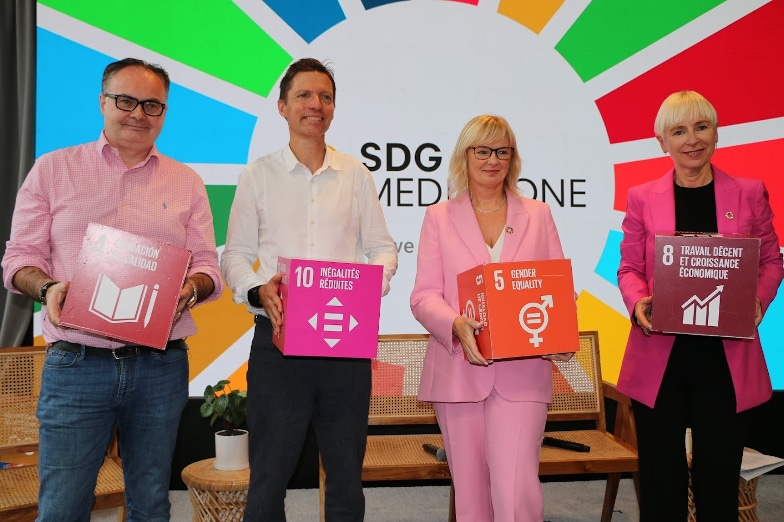 Participants of the panel discussion ‘Driving social impact for the SDGs’ at the SDG Media Zone on the sidelines of the UN General Assembly (from left to right): Troy Armour, Founder and CEO of Junk Kouture; Colin Butfield, Director, Studio Silverback and Open Planet; Lucy Smith, Director, MIPCOM CANNES and MIPTV and Nanette Braun, Officer in charge, Campaigns & Country Office Division, UN Department of Global Communications 