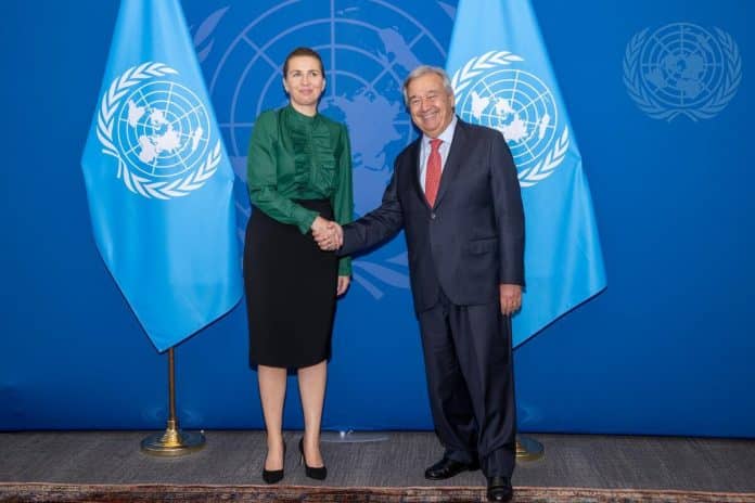 Secretary-General António Guterres (right) meets with Mette Frederiksen, Prime Minister of Denmark.