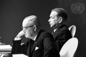 Secretary-General Dag Hammarskjöld (right), and Frederick H. Boland, President of the General Assembly, at the meeting of the General Assembly on the situation in the Congo