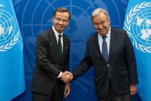 Secretary-General António Guterres (right) meets with Ulf Kristersson, Prime Minister of Sweden.