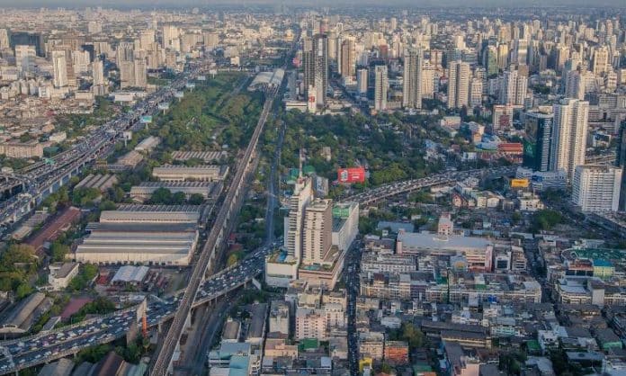 An aerial view of the city of Bangkok, Thailand