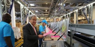 Secretary-General António Guterres (centre) visited a United Nations Children’s Fund (UNICEF) warehouse in Copenhagen which has been the agency’s supply and emergency kit-packing operation since 1963 and is the world’s largest humanitarian warehouse today.