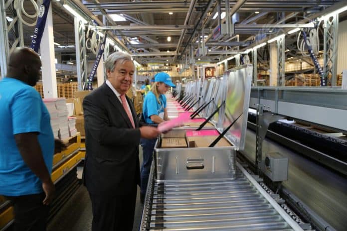 Secretary-General António Guterres (centre) visited a United Nations Children’s Fund (UNICEF) warehouse in Copenhagen which has been the agency’s supply and emergency kit-packing operation since 1963 and is the world’s largest humanitarian warehouse today.