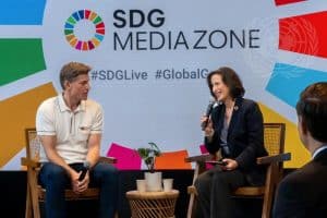 Melissa Fleming (right), Under-Secretary-General for Global Communications, speaks with Nikolaj Coster-Waldau, Actor and Producer
