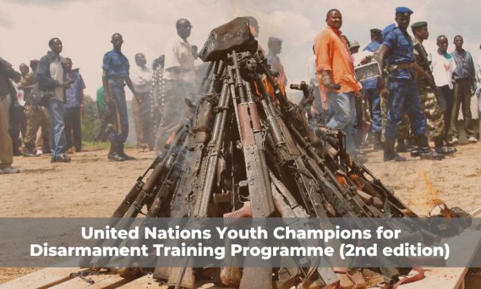 Weapons burning in Burundi - banner promoting the UN Youth Champions for Disarmament Training Programme