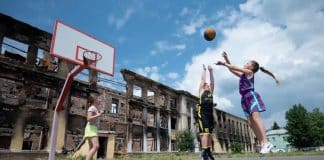 Kids play Basketball at School in Kharkiv in Ukraine.