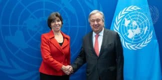 Secretary-General António Guterres (right) meets with Catherine Colonna,