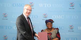 WTO Director-General Ngozi Okonjo-Iweala and Norway's WTO Ambassador Petter Ølberg.