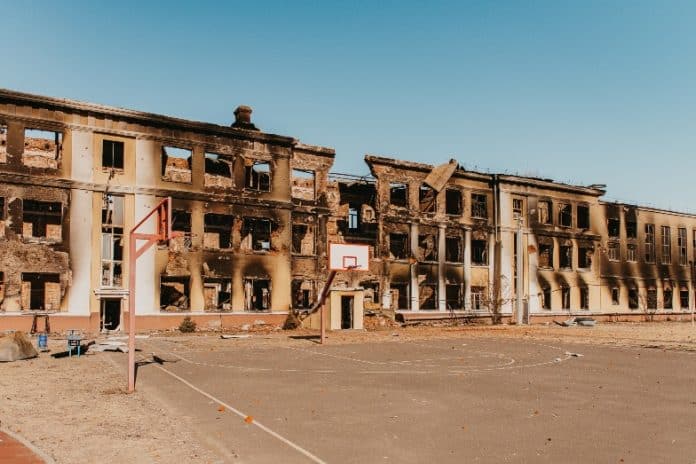 A destroyed school after heavy shelling in Kharkiv, northeast Ukraine on 18 March 2022