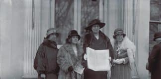 The four women from the Welsh delegation outside the Whitehouse: from left: Gladys Thomas, Mary Ellis, Annie Hughes Griffiths, and Elined Prys.