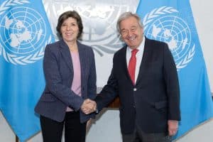 Secretary-General António Guterres (right) meets with Catherine Colonna, Chair of the Independent Review Group on the United Nations Relief and Works Agency.