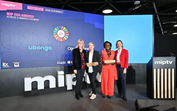(from left to right) Lucy Smith, Director of MIPTV; Emily Renshaw-Smith, Director of Operations, Open Planet; Mwasi Wilmore, CEO of Ubongo and UN Regional Information Centre Deputy Director Caroline Petit at the fifth edition of the MIP SDG Awards in Cannes April 2024