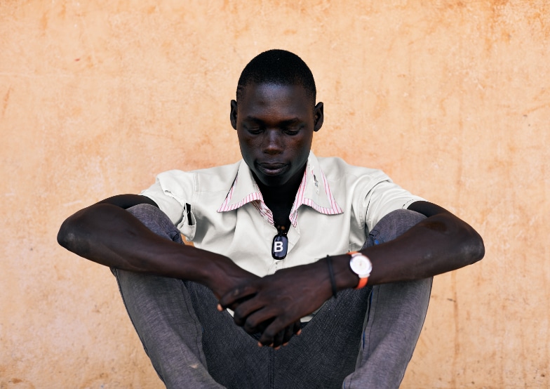 Moses, 18, South Sudan. When Moses was 15, he saw his dad being murdered. He was then abducted by the same militia and trained in warfare and theft. It is Moses’ experience as a child that is reflected. 