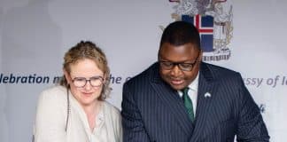 Icelandic diplomat Elín R. Sigurðardóttir, and Timothy M. Kabba Foreign Minister of Sierra Leone at the opening of the Icelandic diplomatic mission last week.