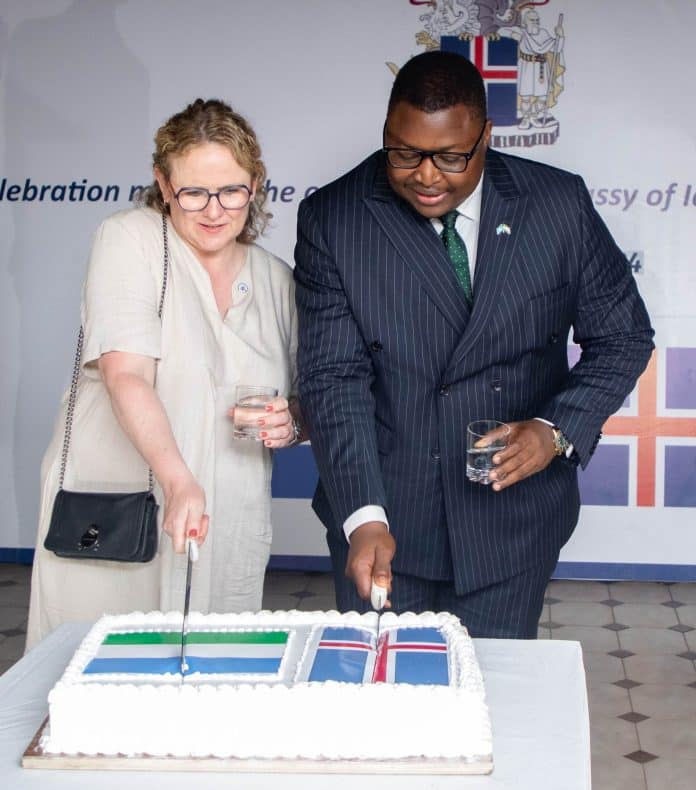 Icelandic diplomat Elín R. Sigurðardóttir, and Timothy M. Kabba Foreign Minister of Sierra Leone at the opening of the Icelandic diplomatic mission last week.
