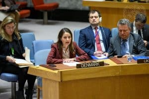 Christina Markus Lassen, Permanent Representative of Denmark to the United Nations, addresses a Security Council meeting.