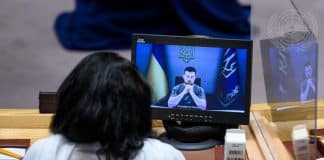 Volodymyr Zelenskyy, President of Ukraine, (on screen) addresses the Security Council Meeting on Maintenance of Peace and Security of Ukraine.