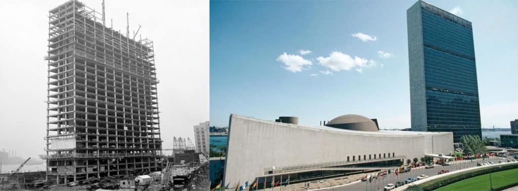El edificio de la Secretaría, a la izquierda, en construcción en 1949 y, a la derecha, cuatro décadas después de su finalización, con el edificio de la Asamblea General en 1990. I: Foto ONU/MB; D: Foto ONU